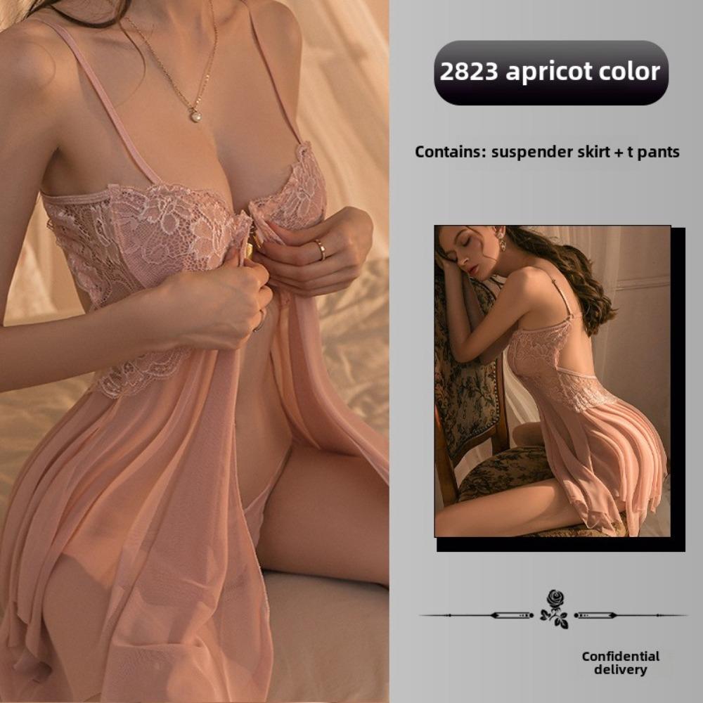 Sexy Large Size Erotic Underwear Front Split Lace Temptation Pajamas Mesh Perspective Suspender Nightdress