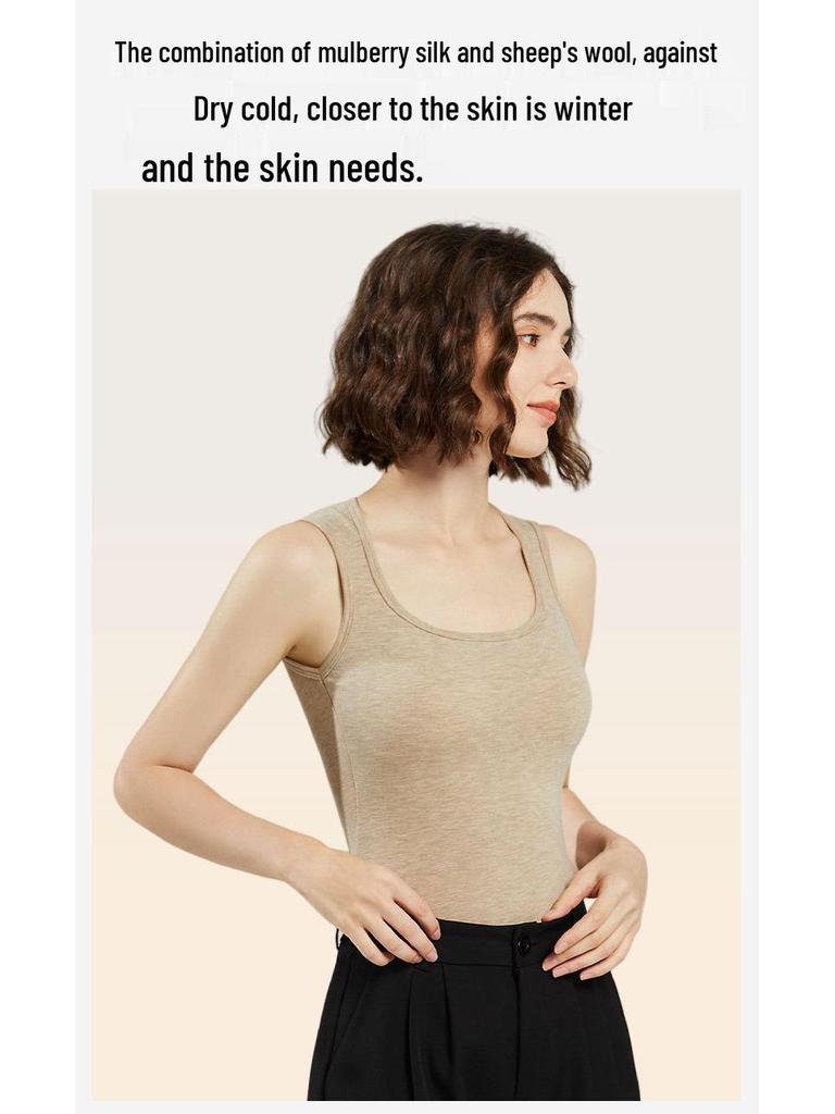 Mulberry Silk Merino Wool Fleece-Lined Vest for Women with Chest Pads and Cut-Out Shoulders, Velvet Inner Layer, for Autumn and Winter