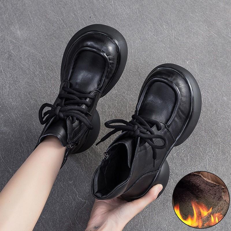 Johnature Натуральная кожа Британский стиль Ретро Толстая подошва Плюшевые Короткие ботинки Универсальная женская обувь на платформе