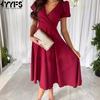 Women's Fashion Summer Spring Solid Color Print Short Sleeve V-Neck High Waist Casual Dresses
