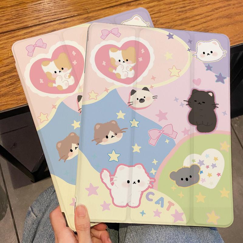 For iPad Pro12.9 Pro 11 2022/21New Cute Cat Sticker Silicone Full Cover Flat Protective Case Air Bag Tri-fold Air4/510.9 Air3 10.5 With Pencil Holder