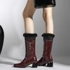 Зимние кожаные сапоги до середины голени с отделкой кристаллами, молния на среднем толстом каблуке с круглым носком, уличные повседневные сапоги для вечеринок для женщин