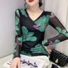 Женский весенний тонкий топ с принтом и длинными рукавами и V-образным вырезом, элегантные топы для поездок на работу