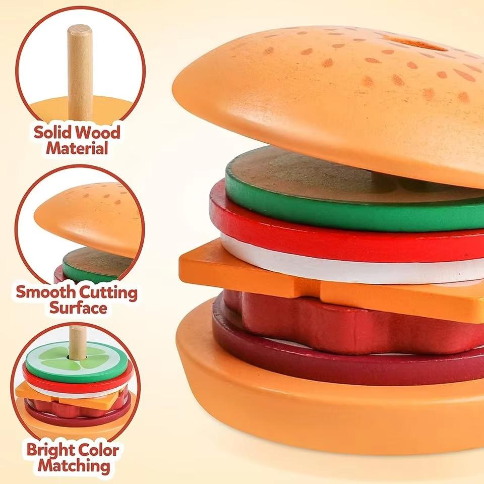 Montessori Educational Wooden Hamburger Sandwich Stacking Toy - Preschool Toddler Toy for Fine Motor Skills & Kitchen Pretend Fo