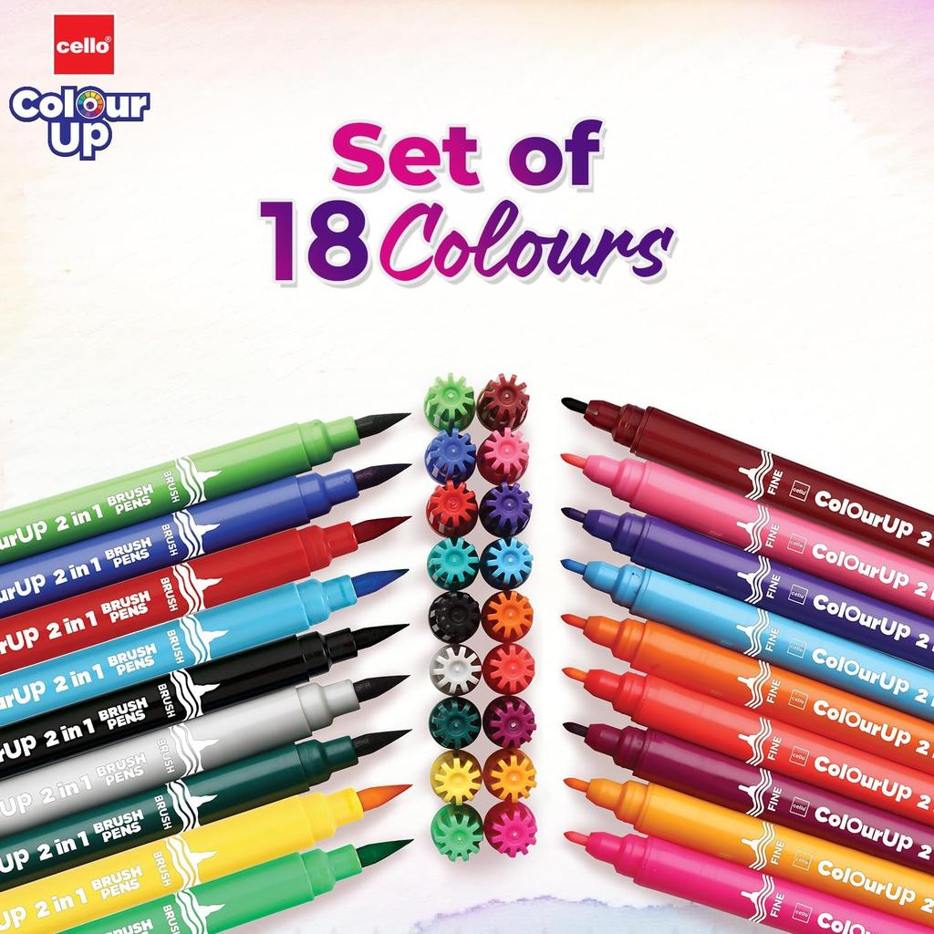 Cello BrushTipPens Multicolor 18 Shades 2-in-1 Brush And Sketch Pen Set Washable Non Toxic Art Pens For Kids Creativity