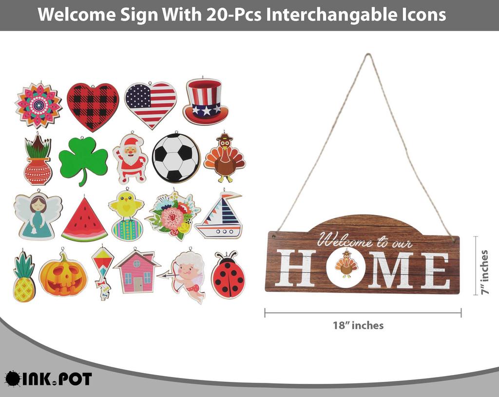 Inkdotpot Welcome Sign Front Door Decorations Hanging Rustic Wood Seasonal Holiday Ornaments Housewarming GiftWall Hanging 18" Inches