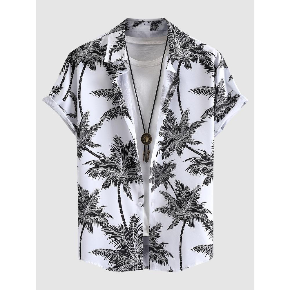 Tropical Coconut Tree Pattern Men's Short Sleeve Button Down Lapel Shirt For Summer Resort Holiday Hawaiian Style Oversized Tops