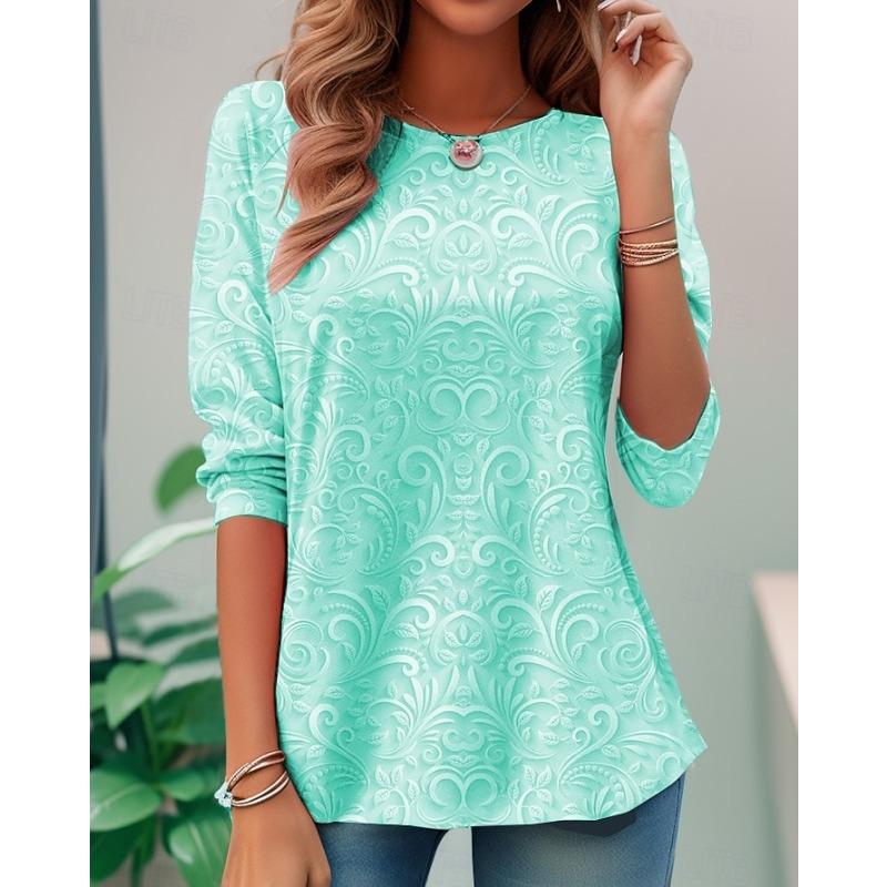 Женская футболка с длинным рукавом, с круглым вырезом, длинный рукав, туника, 3D-принт, цветочная, элегантная, винтажная, обычные топы