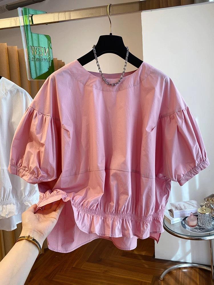 1116 Summer New Loose Pullover Waist Crew Neck Shirt Women's Short Sleeve Bubble Sleeve Short Doll Shirt Top