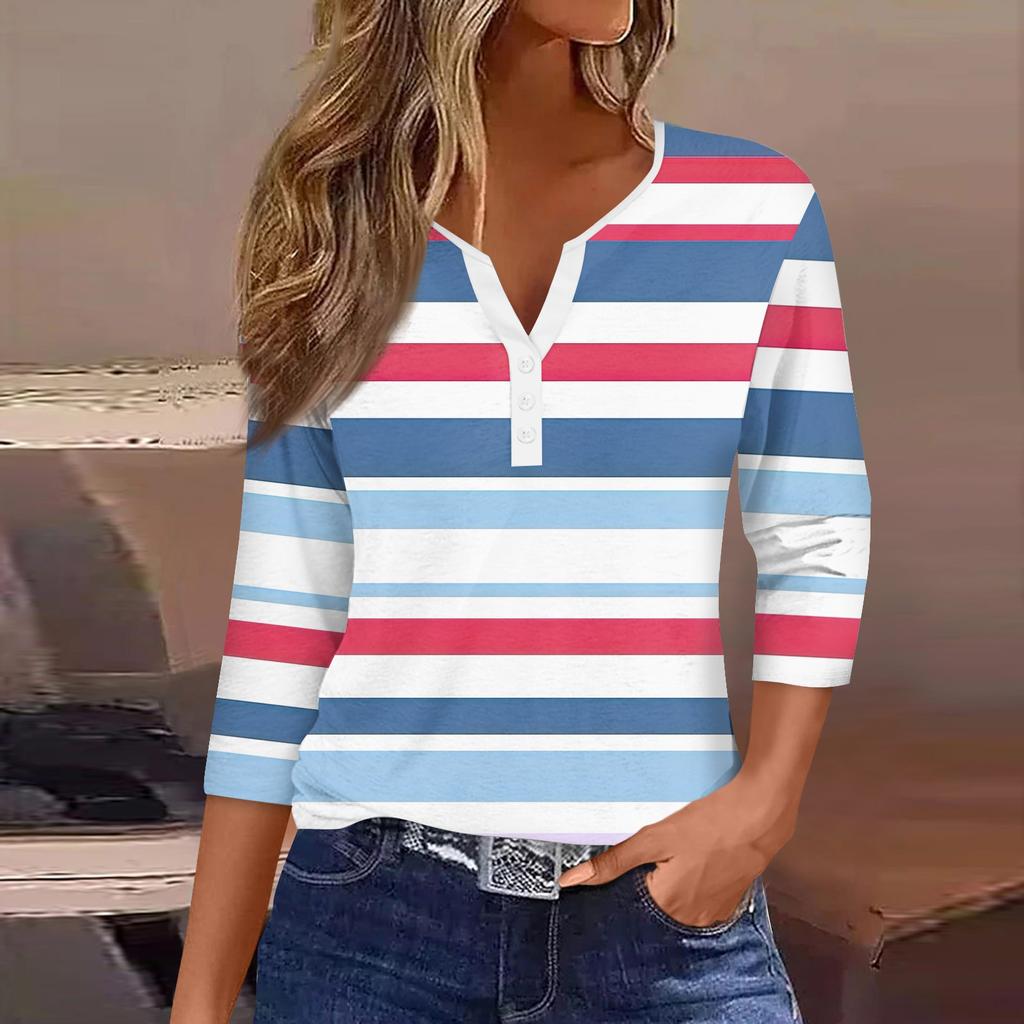 Women's Fashion Casual Striped Print V-Neck Decorative Button Three-quarter Sleeve T-Shirt Top