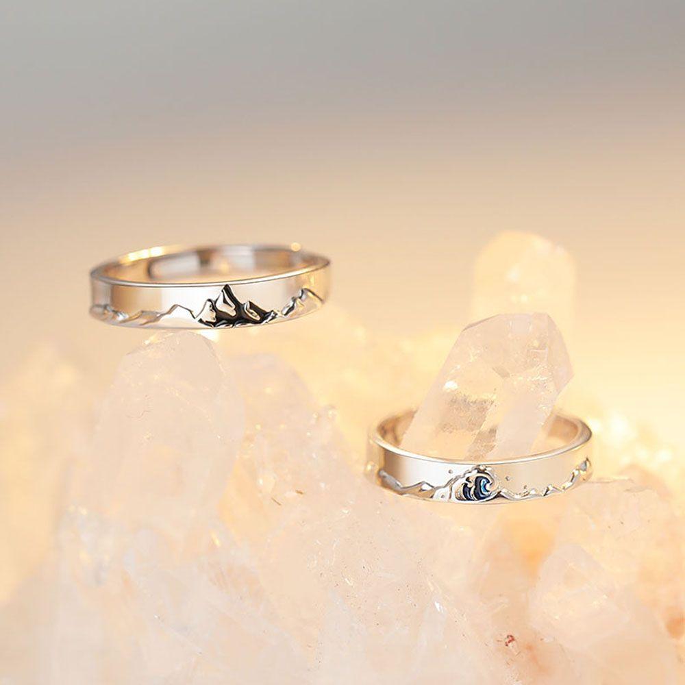 Weddings Valentine's Day Present Couple Rings Adjustable Mountain and Sea S925 Silver Plated