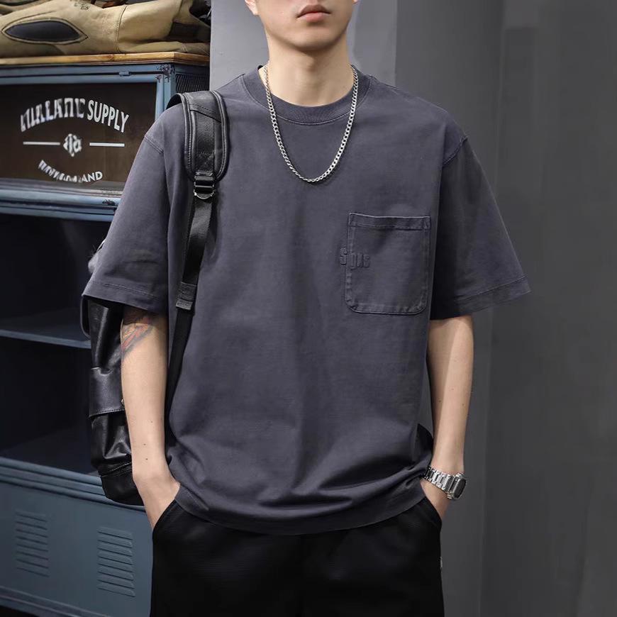 Мужская винтажная футболка из выстиранного хлопка - Ретро, Тяжеловесная, Рубчатый вырез горловины, Короткий рукав, Свободный крой