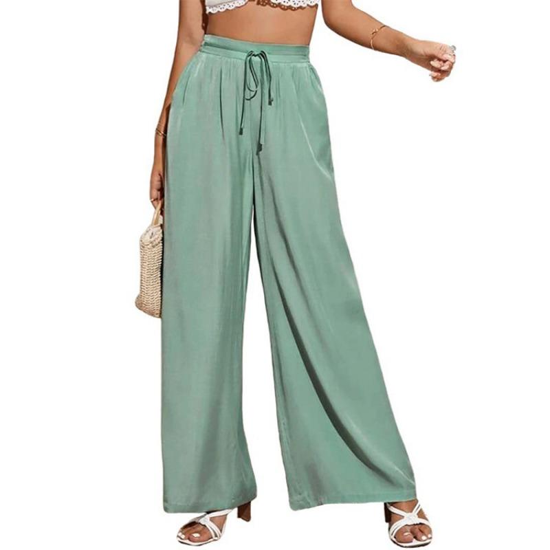 Summer Women's High Waist Casual Pants Solid Color Elastic Waist Strap Loose Wide Leg Pants for Women