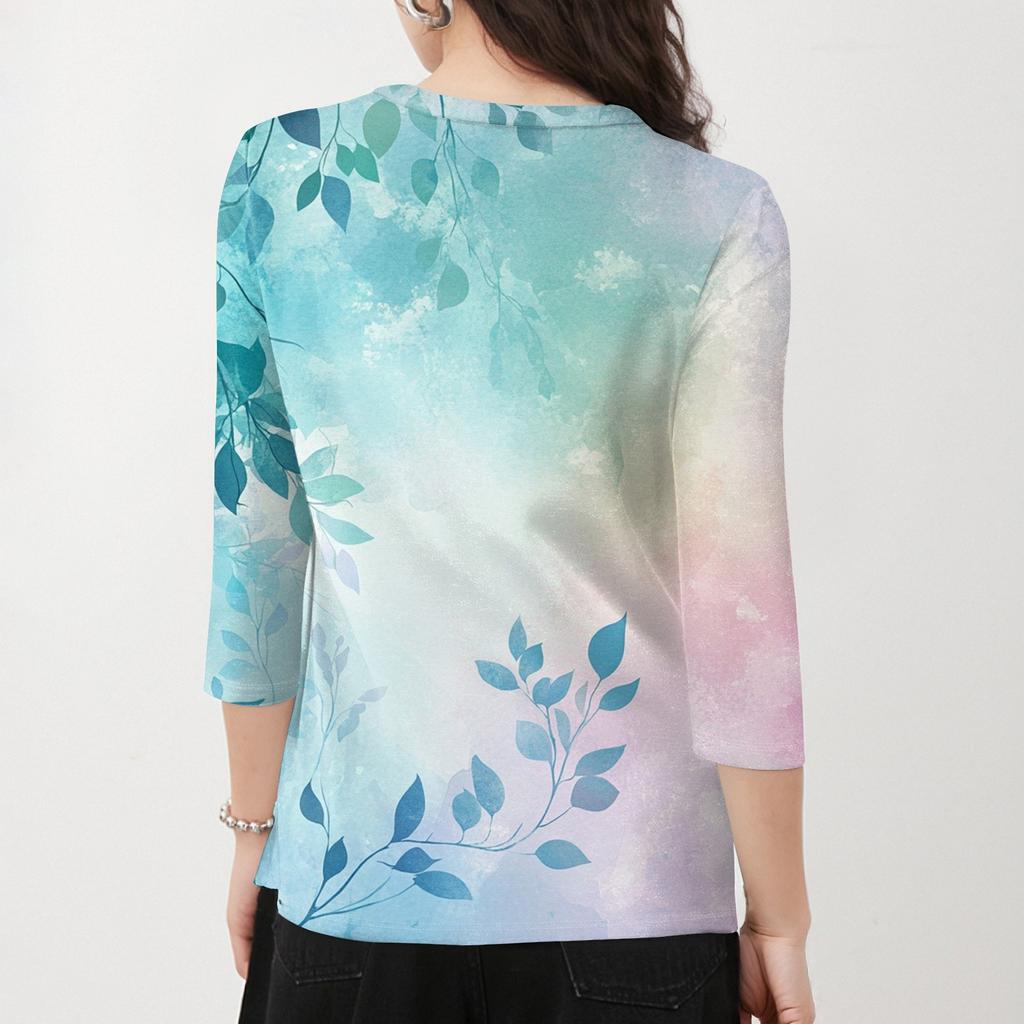 Women's T Shirt Tee Print Button 3/4 Sleeve Daily Weekend Fashion Basic V Neck Regular Top