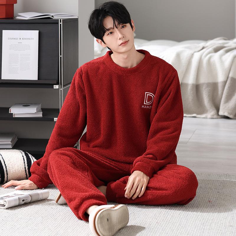 Парные пижамы осень и зима полуфлис женская красная рождественская свадебная для молодоженов мужской зимний коралловый флисовый костюм