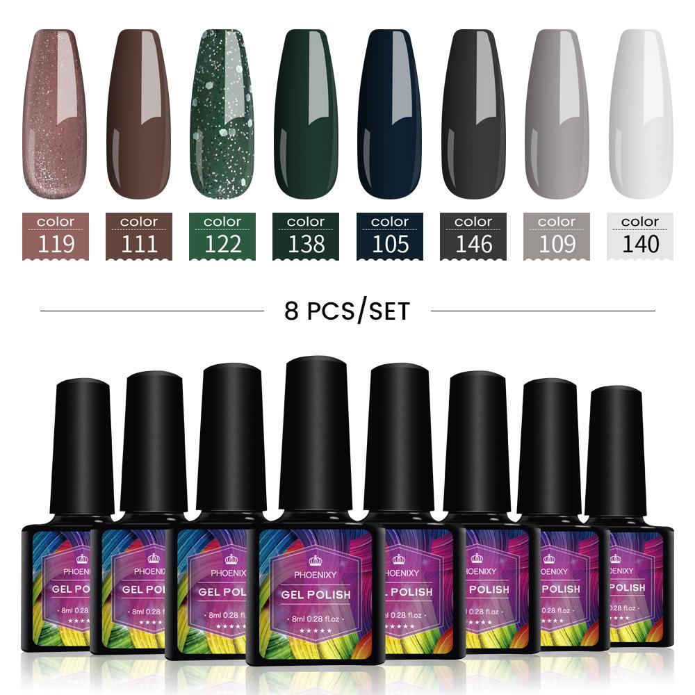 PHOENIXY 8 мл набор гель-лаков для ногтей 8 цветов УФ-гель-лак для ногтей стартовый набор Soak Off блестящий блестящий гель-лак для ногтей набор лаков для ногтей подарки маникюрный набор