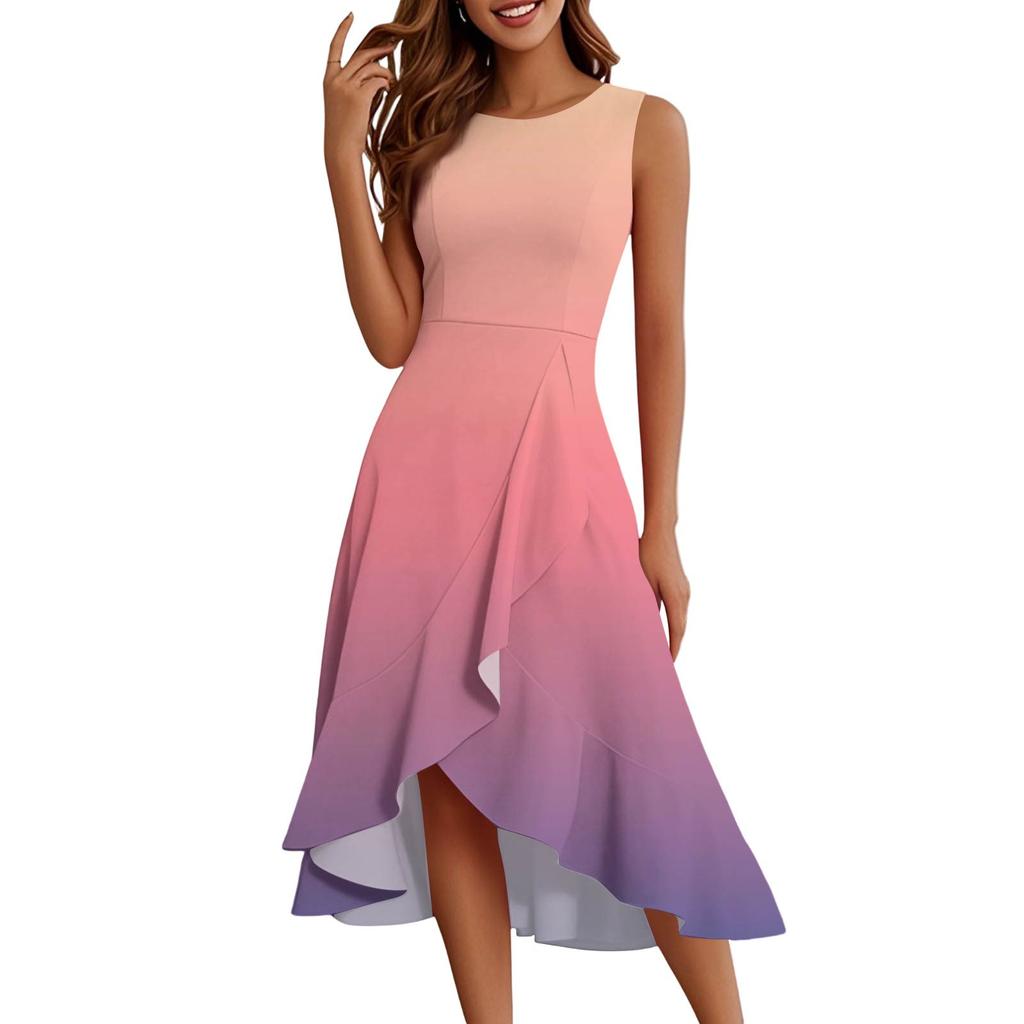 Женские модные повседневные платья без рукавов с круглым вырезом и принтом, элегантные, темпераментные, с оборками