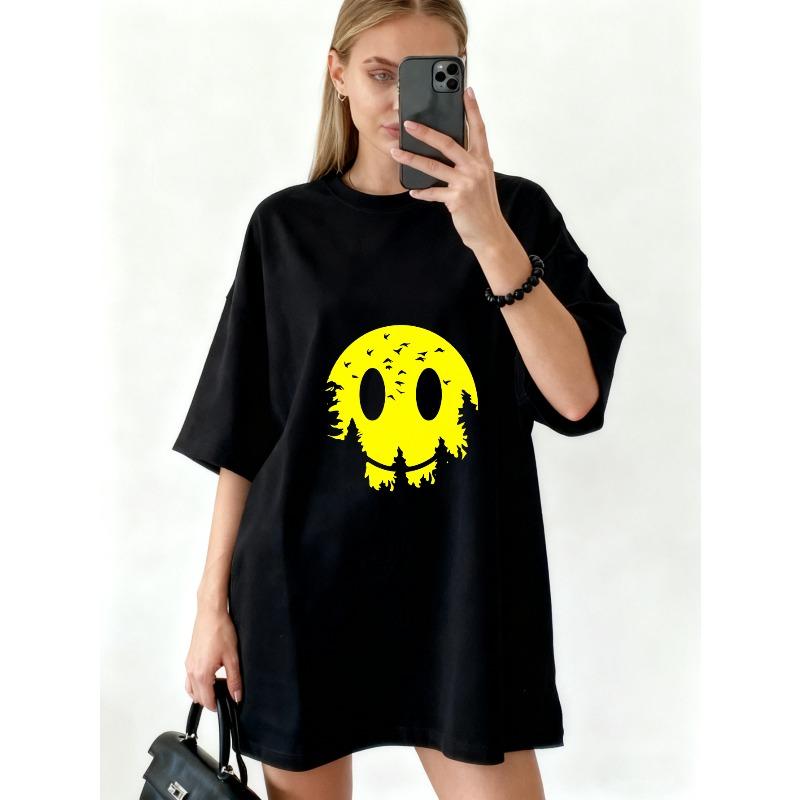 Oversized T Shirt Black Yellow Skull Print With Birds And Trees Graphic For Casual Streetwear Style