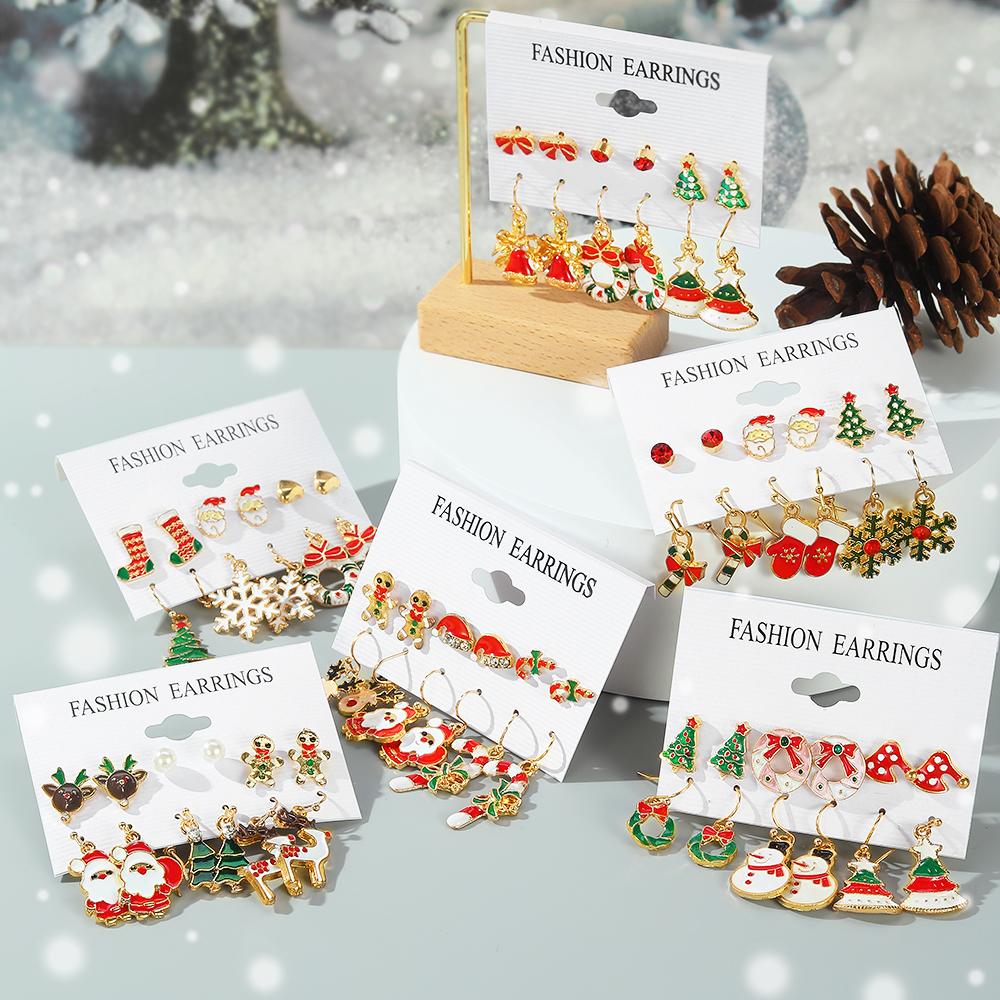 2022 New 12 Piece Set Schoolgirl Stud Earrings Elegant Fashion Christmas Earring Set Girls Christmas Candy Earrings Santa Earring Set