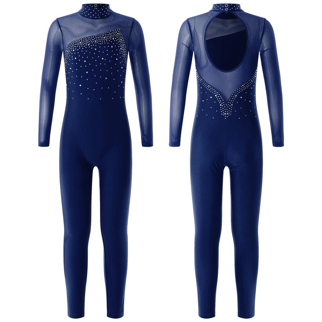 Children Girls Fashion Leotard Long Sleeve Round Collar Hollow Back Skating Performance Jumpsuit