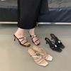2025 summer new rhinestone thin belt sandals summer new square head sexy open toe wear high heeled sandals