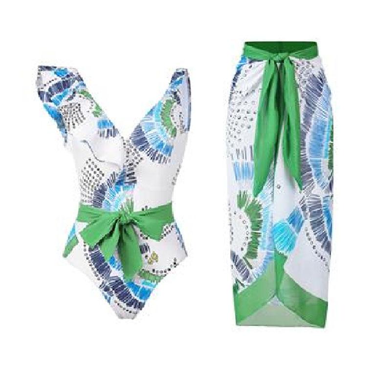 New Sexy One-piece Swimsuit Women's Retro Ruffle Chiffon Skirt Swimsuit Set