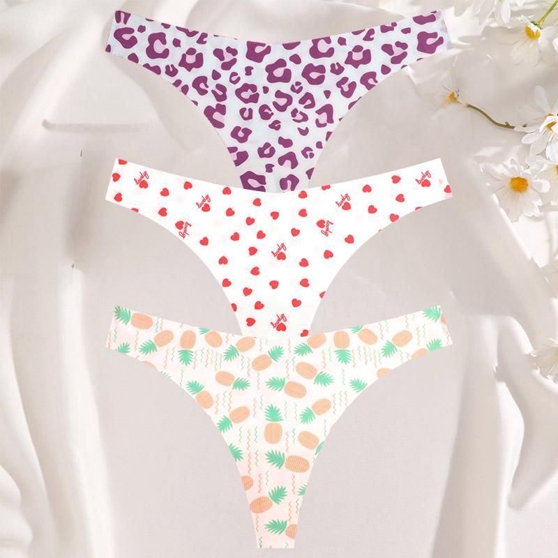 FINETOO 3 шт./компл. сексуальные стринги для женщин из ледяного шелка, цельные бесшовные трусики для девочек, свежее нижнее белье с низкой талией и принтом