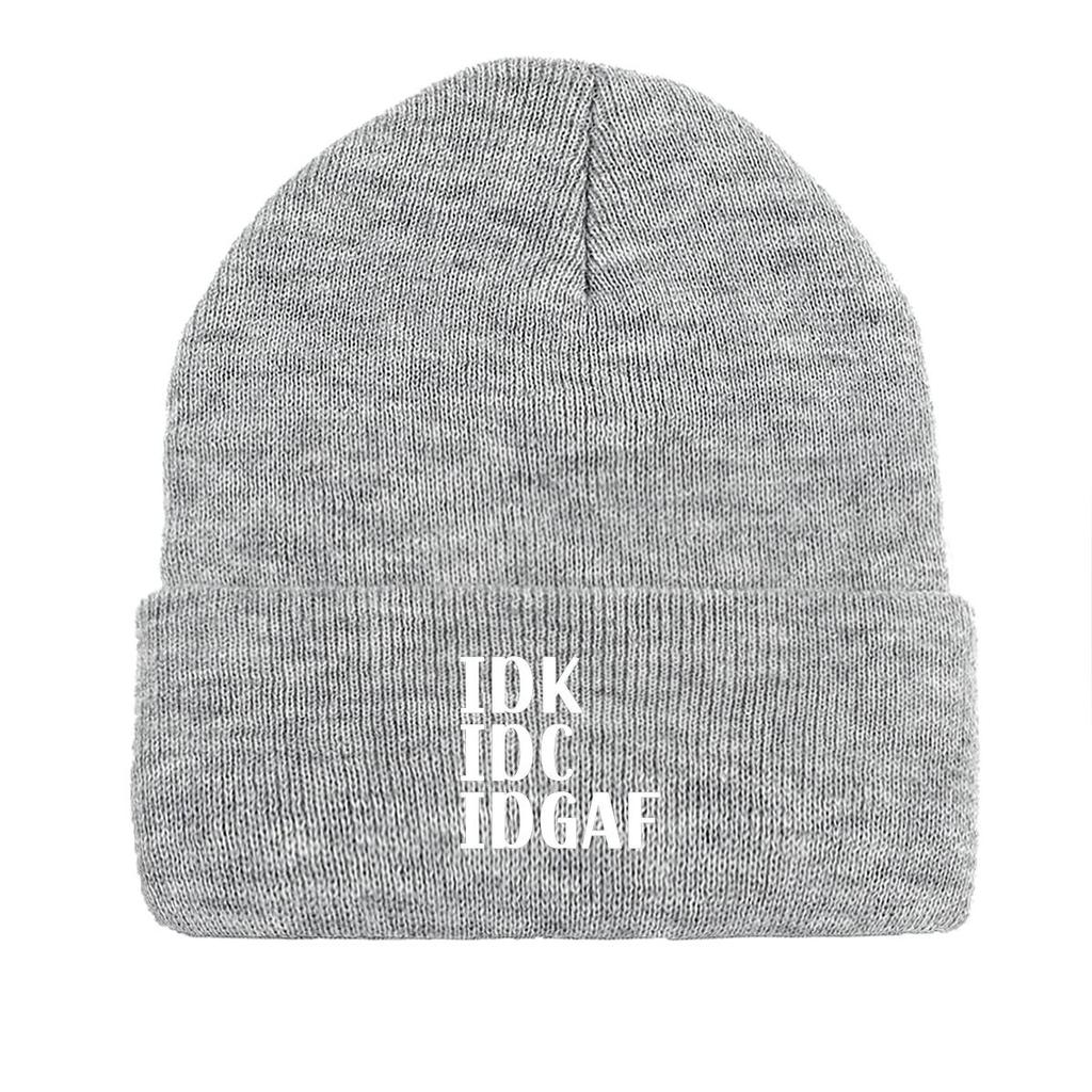 IDK IDC IDGAF" Winter Knit Hat Beanie, White Text Skullies Beanies Warm Winter Sporting Gorro Knitted Cap Beanie