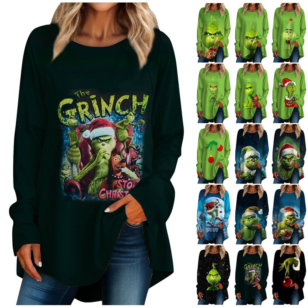 Women's Casual Plus SizeLong Sleeved Round Neck Christmas Printing T-shirt Top Pullover