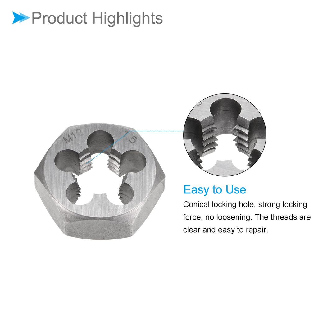 CoCud Hex Re-cutting Die, M12 x 1.5 Pitch, with 5 Tip Holes, Carbon Steel Cylindrical Pipe Threading Tool - (Application: Thread Repair)