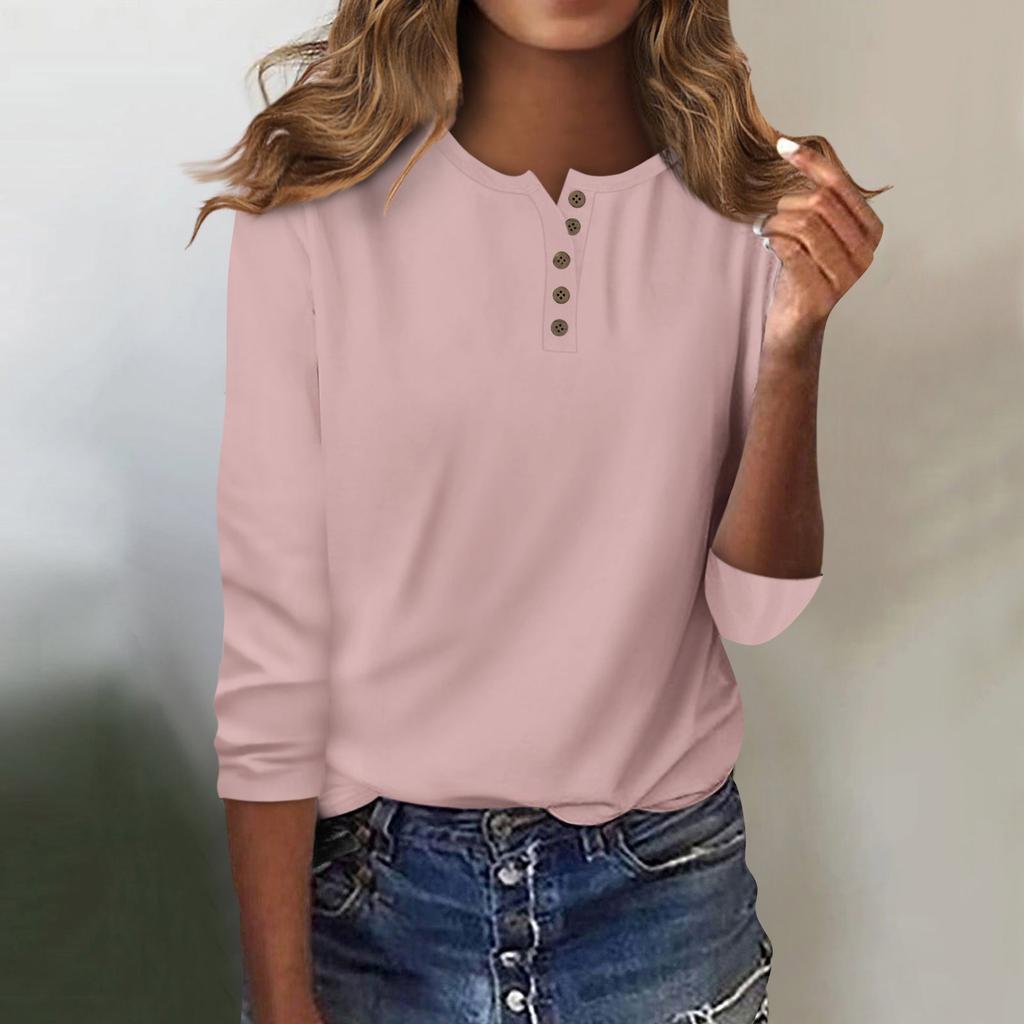 Women's Fashion Casual Round Neck 3/4 Sleeve Loose Solid Color Button T-Shirt Ladies Top