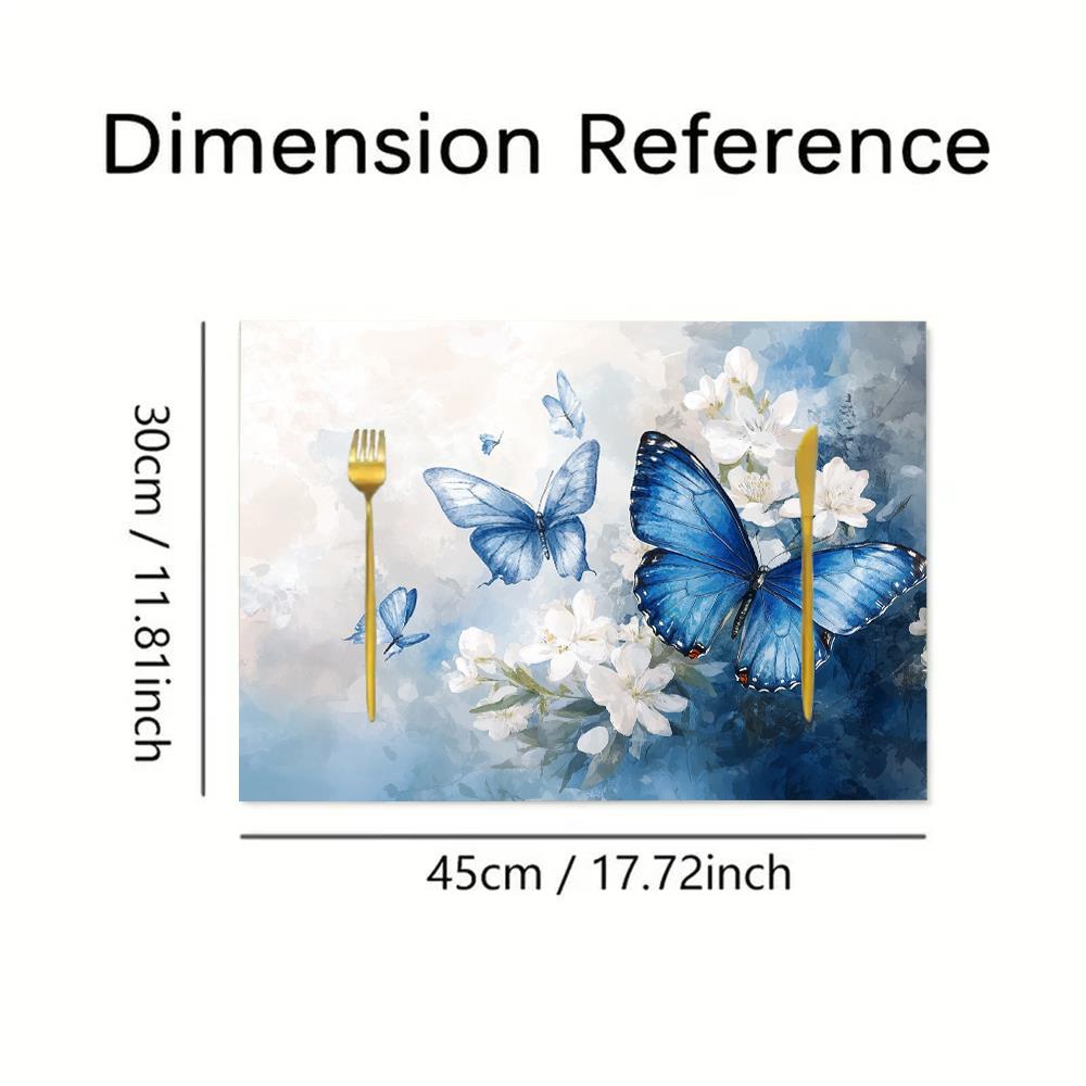 4pcs Blue Butterfly Floral Placemats 12x18 Inch - Elegant White & Blue Table Mats with Intricate Butterfly Design, Durable Polyester Fabric