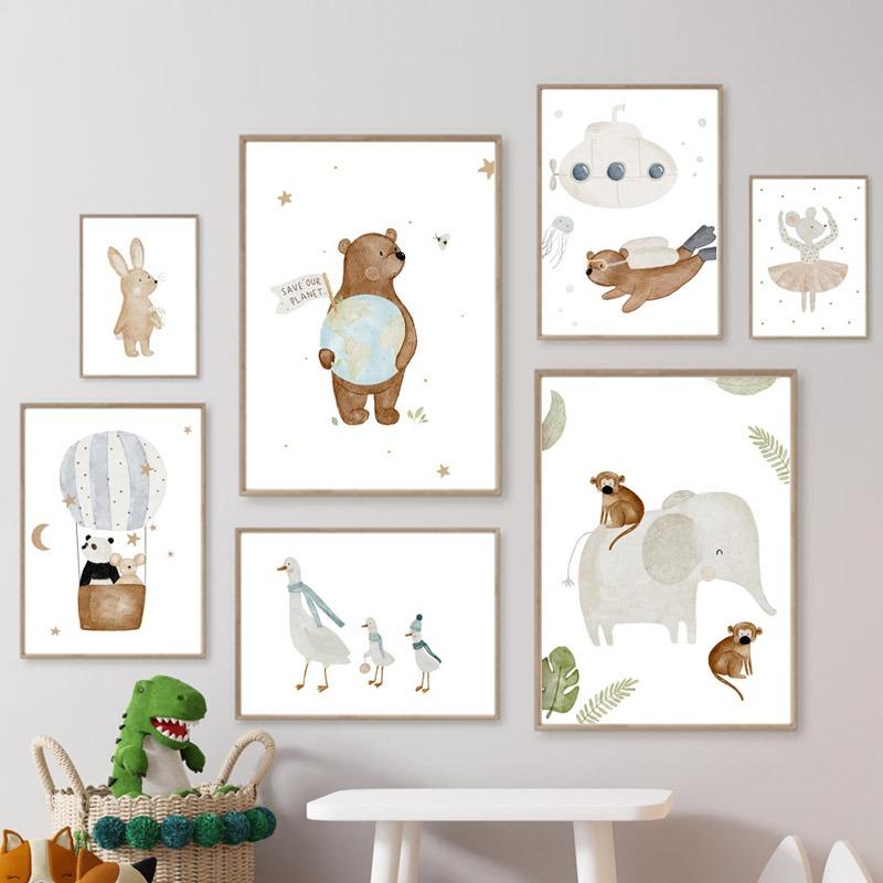 Бохо медведь слон кролик обезьяна воздушный шар настенное искусство холст картины скандинавские постеры и принты настенные картины декор детской комнаты для малышей