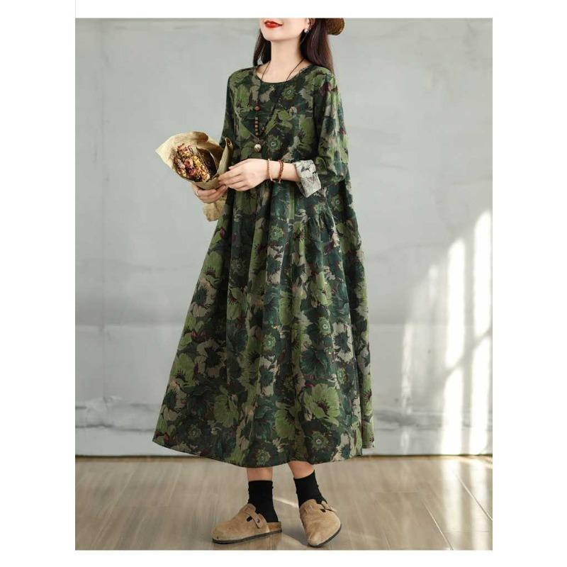 Новое винтажное хлопково-льняное платье с принтом, круглым вырезом и длинными рукавами, женское, свободного кроя, большого размера, тонкое, с простроченной юбкой А-силуэта, женское