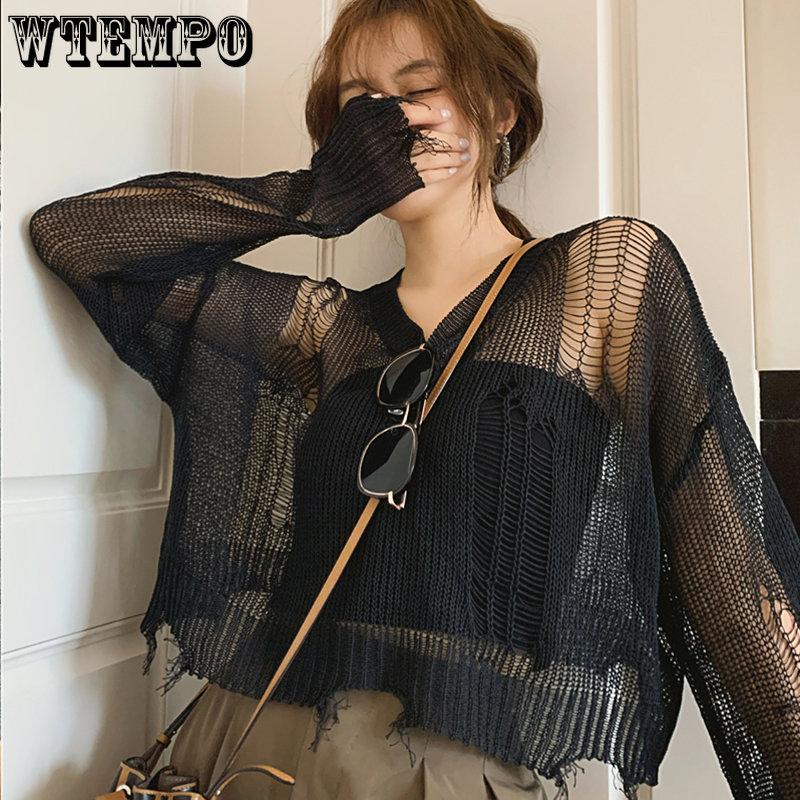 Перфорированный солнцезащитный чехол, короткий черный топ, ажурный вязаный свитер для женщин, уникальное лето