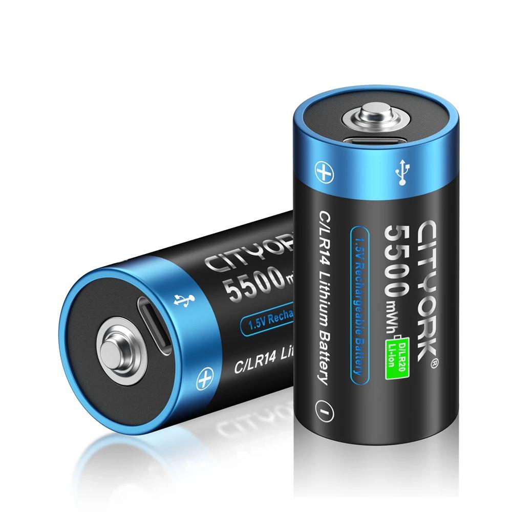 Cityork Перезаряжаемая батарея размера 1,5 VC, тип C, зарядка через USB, литий-ионная батарея R14 LR14 C для фонарика, газовой плиты