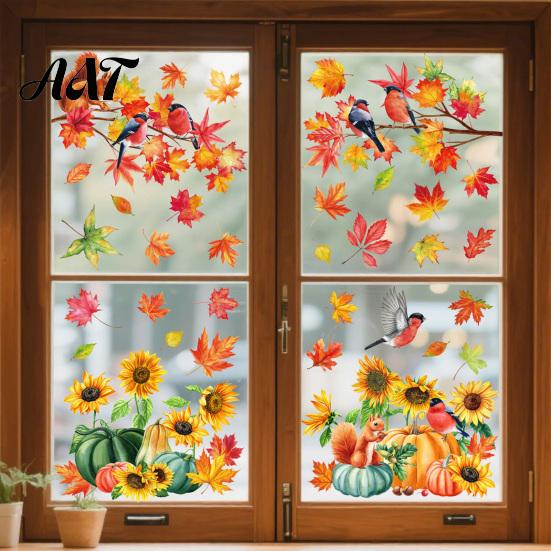 Classroom Fall Theme Displays Autumn Harvest Window Decals, Sunflower Maple Leaf Pumpkin Bird Static Cling Stickers, Indoor Holiday Ornaments Reusable