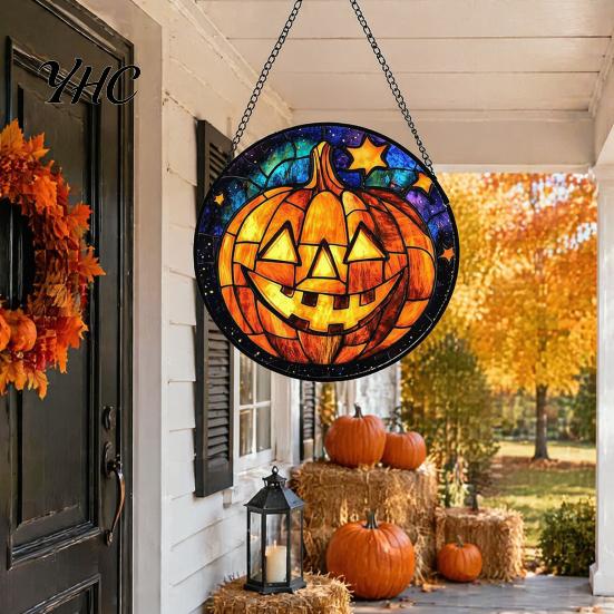 Halloween Window Decorations Stained Glass Suncatcher Ornament, Vintage Hanging Decor with Pumpkin Ghost Bat Witch Decorative Hat Patterns Pattern,