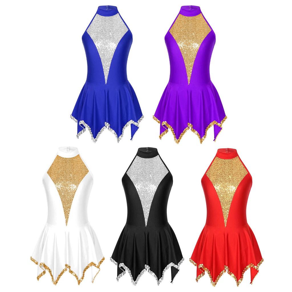 Women Girls Sleeveless Halter Figure Ice Skating Dress Sequins Gymnastic Dance Leotard Competition Costume