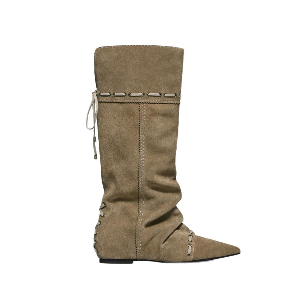 Модные замшевые кожаные ботильоны с острым носком, дизайн со шнуровкой, плиссированные, увеличивающие рост женские ботинки, ковбойские ботинки в западном стиле 2025