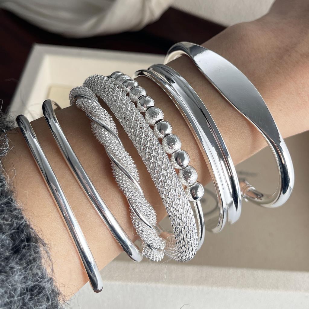100% Solid 925 Sterling Silver Retro Bracelet for Women Men Handmade Twist Beads Flat Simple Bracelet Birthday Gift