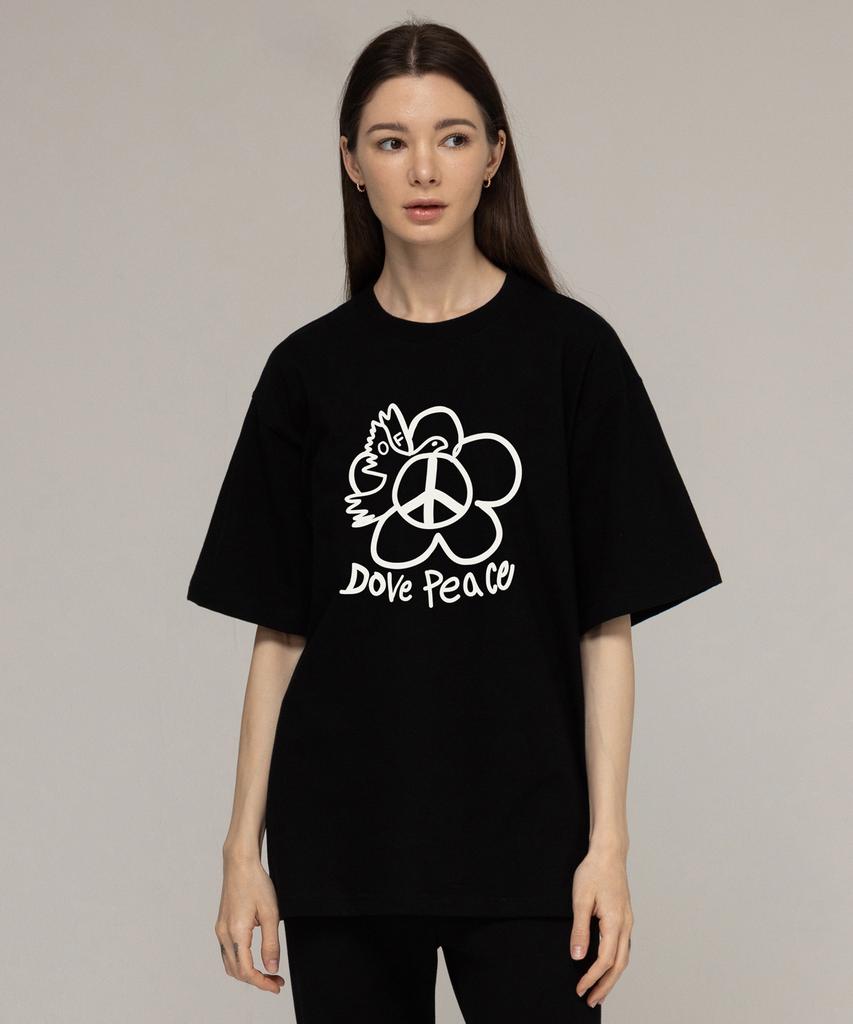 GRAVER [Unisex] Dove Piece Flower Short Sleeve T-Shirt _Black