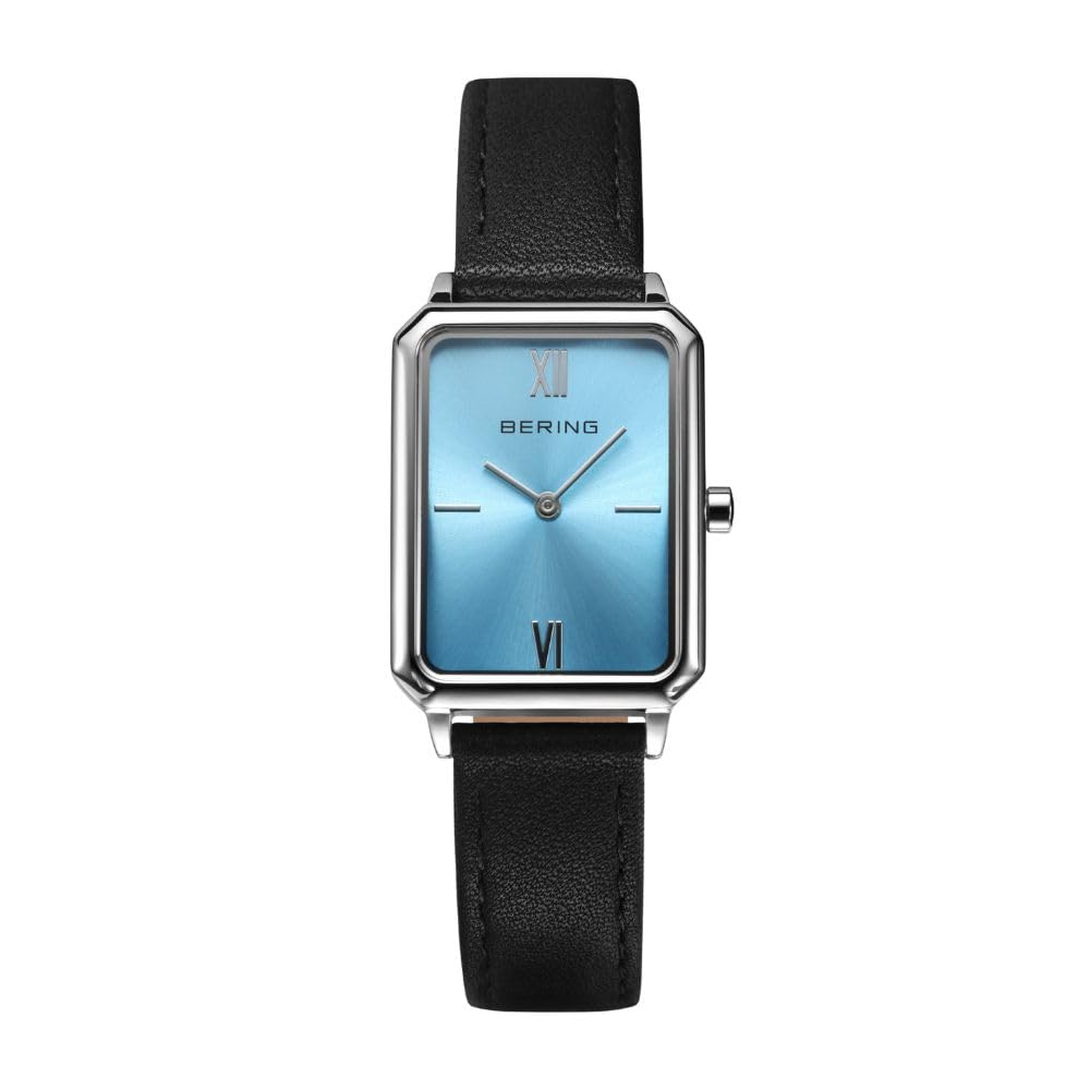 BERING Unisex Rectangle Ice Sky Brown Silver Sapphire Stainless Women's Watch, Blue, Blue, Leather, Case, Crystal, Medical-Grade Steel,