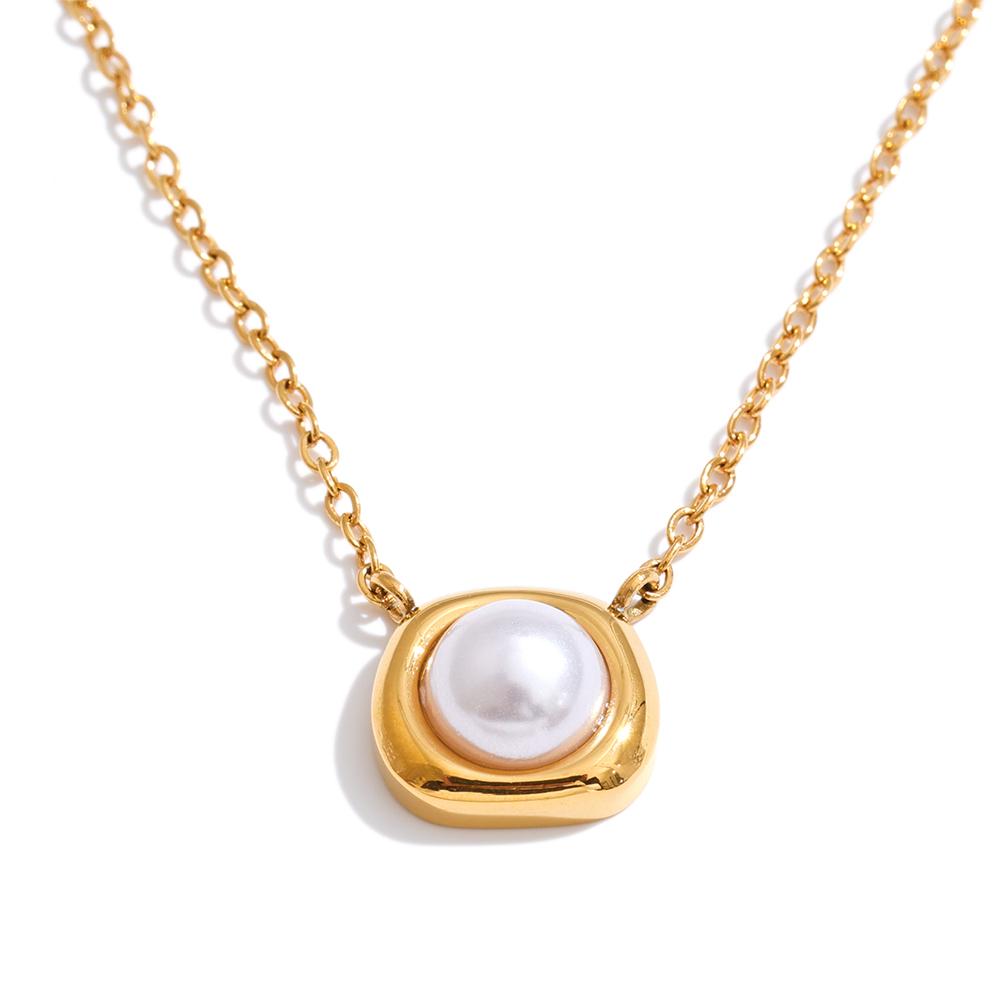 Yhpup Stainless Steel Imitation Pearl Square Pendant Necklace Korean Style Stylish Daily Wear Chic Jewelry Wholesale