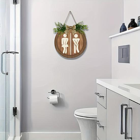 Wooden Toilet Sign Artificial Green Leaves Wall Decor Bathroom Sign Gender Tags Rustic Bathroom Sign with Lanyard for Home Cafe Restaurant Bar