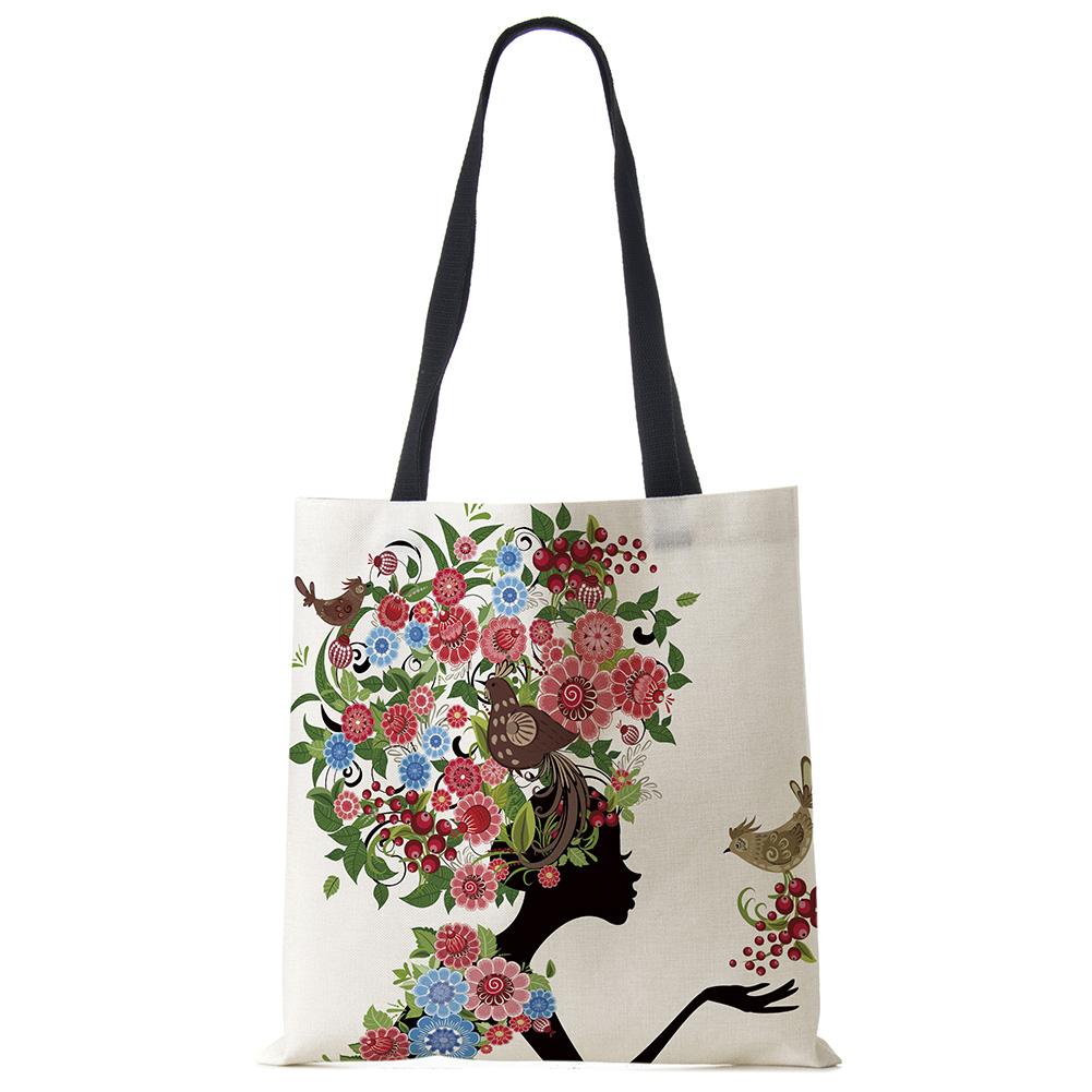 Льняные многоразовые сумки на плечо с принтом девочки, женские большие сумки-тоут, модные сумки с индивидуальным принтом KTY