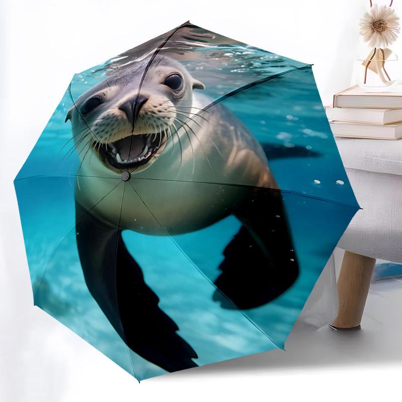 1pc Seal, Ocean Automatic Folding Umbrella Automatic Open/Close, 8-Rib Durable Frame, Compact Travel Umbrella Suitable009