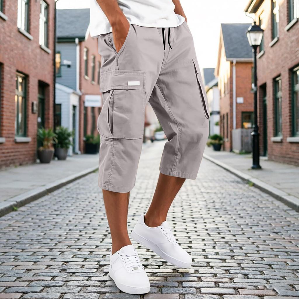 Men’s Drawstring Cargo Pants Multi Pocket Relaxed Fit Seven Quarter Length Casual Trousers for Daily Wear Outdoor Activities