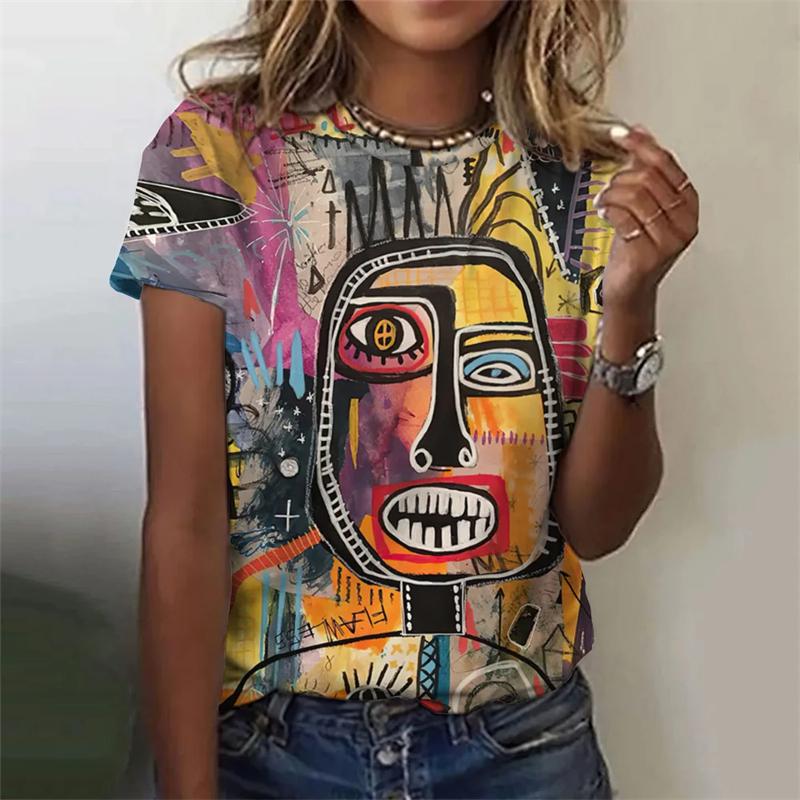 Абстрактная женская футболка с принтом лица в виде 3D-абстракции, повседневная свободная футболка Harajuku с круглым вырезом и коротким рукавом для женщин