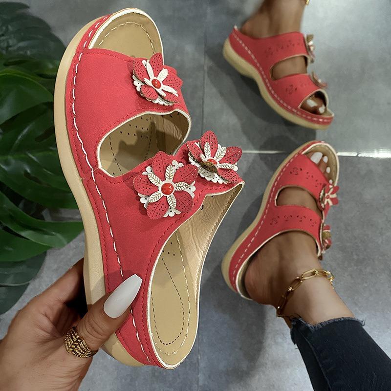 2025 summer new foreign trade platform slippers sewing line round head flower decoration casual slippers women's shoes platform
